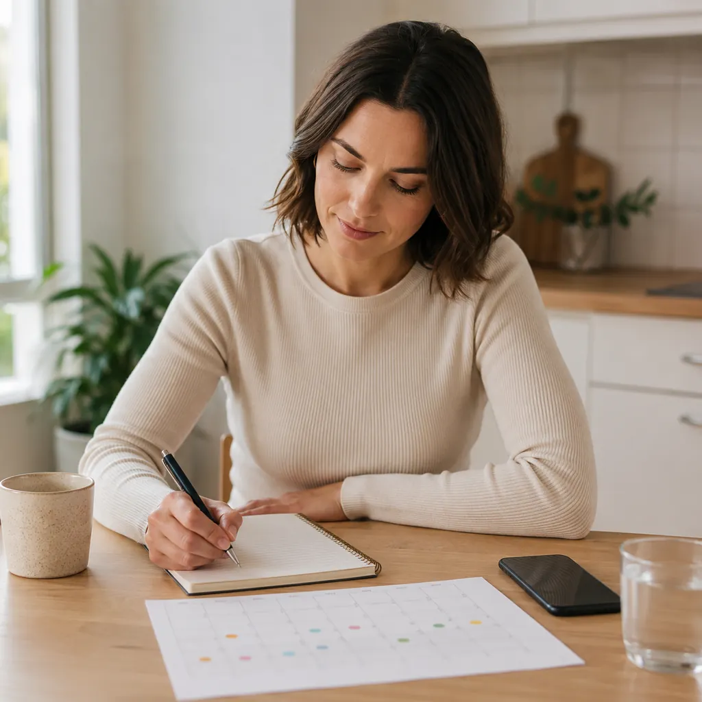 Woman recording milky white discharge and menstrual cycle symptoms at home