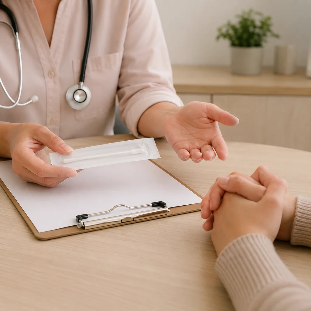 Australian clinician explaining a vaginal swab for persistent milky white discharge