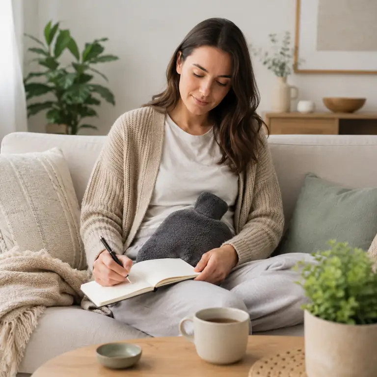 Woman recording period pain and endometriosis symptoms in a journal in Australia