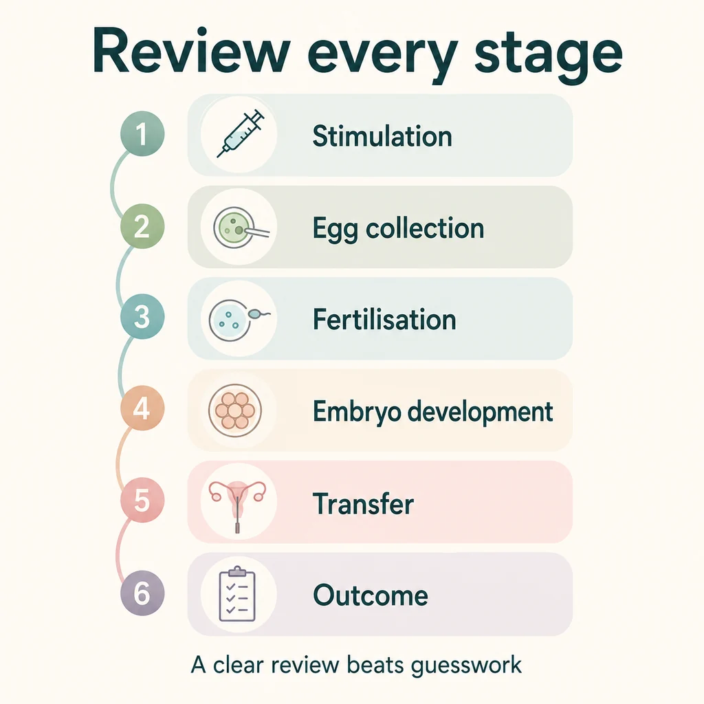 Infographic outlining stimulation, egg collection, fertilisation, embryo development, transfer and outcome in an IVF cycle.