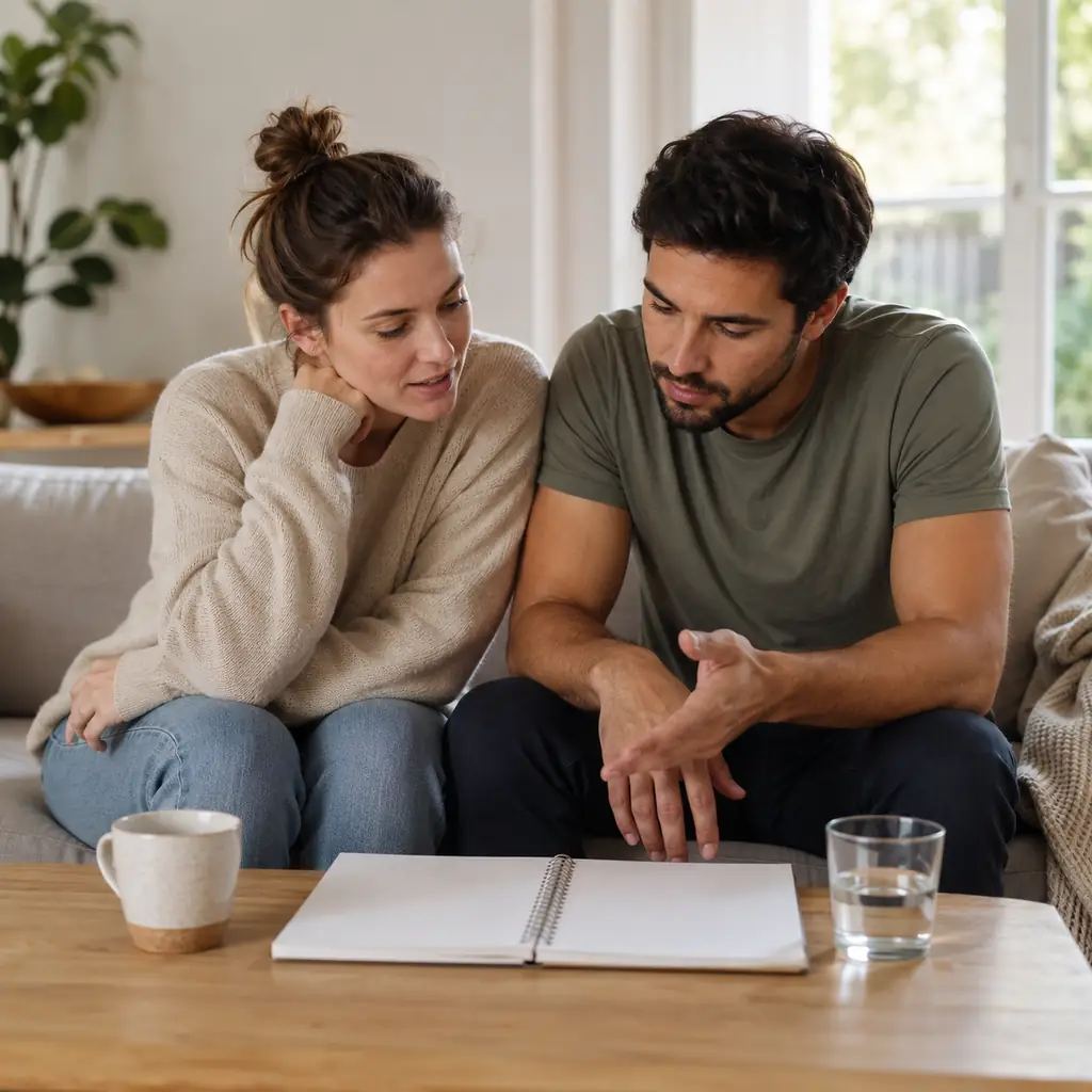 Couple discussing when to try to conceive again after an abortion.