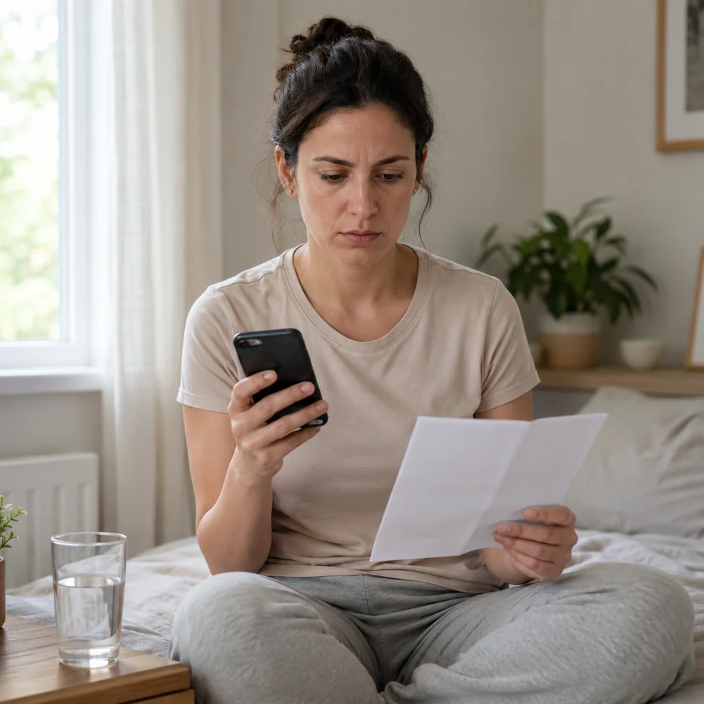 Woman holding a phone and aftercare information while preparing to seek medical advice after an abortion.