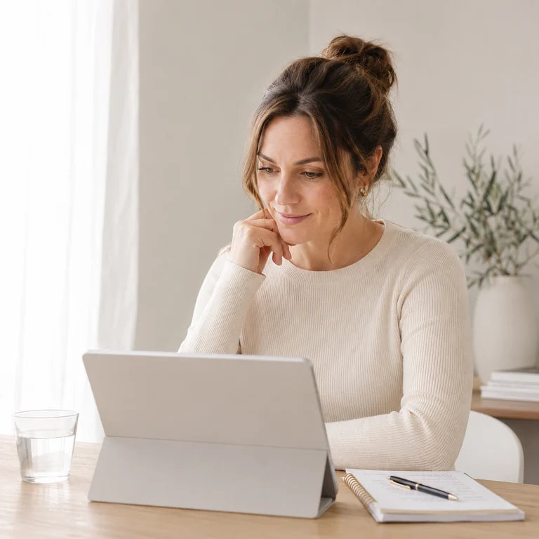 Woman looking at a tablet beside an open notebook and glass of water