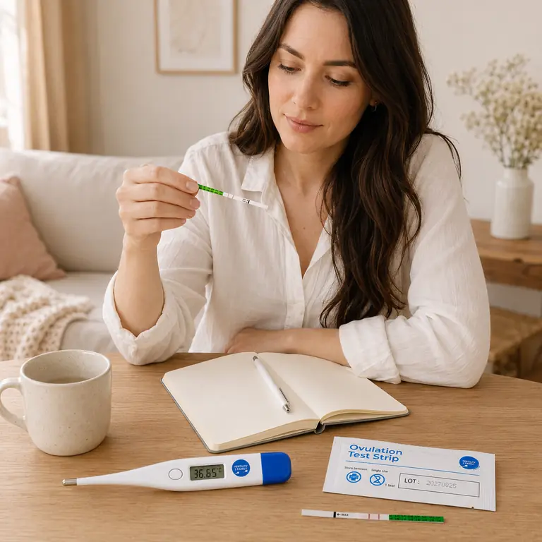 Woman reading an ovulation test strip at home while tracking a cycle