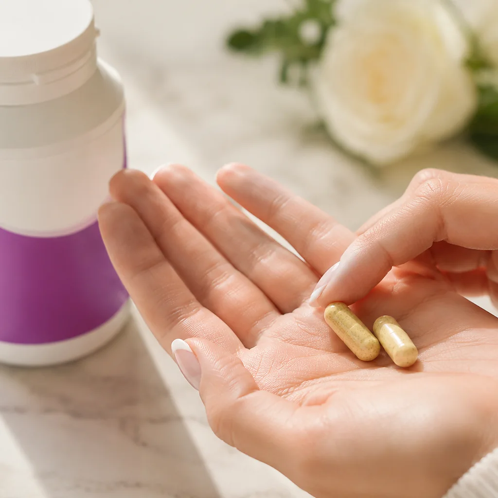 Woman holding two preconception supplement capsules beside Conceive Plus Women's Fertility Support