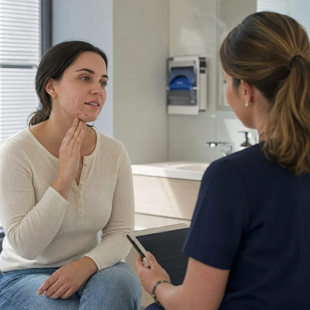 Woman discussing persistent jawline acne with a GP in Australia