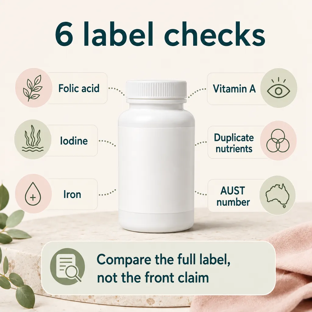 Australian prenatal vitamin label audit showing folic acid, iodine, iron, vitamin A, duplicate supplements and AUST number checks