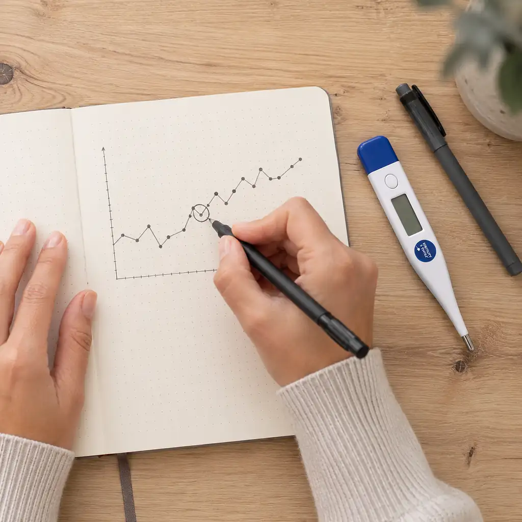 Basal body temperature chart showing a sustained temperature rise after ovulation