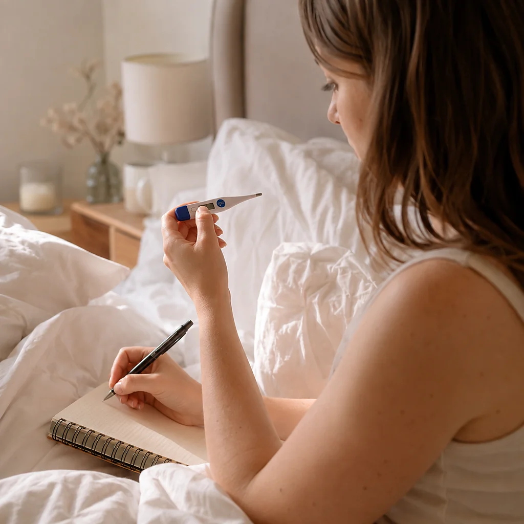 Woman tracking basal body temperature for ovulation while trying to get pregnant in Australia