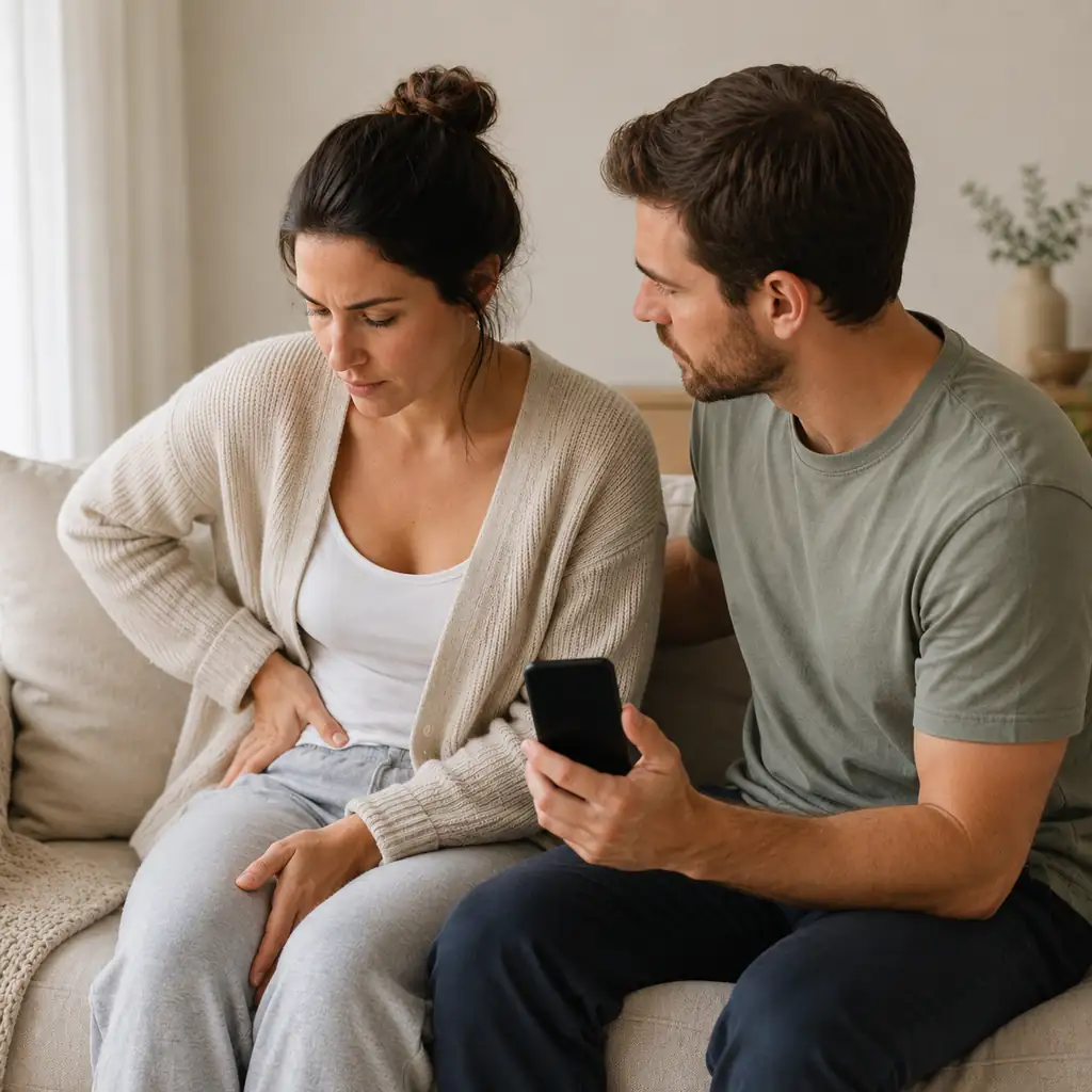 Woman with abdominal pain supported by her partner while seeking urgent advice