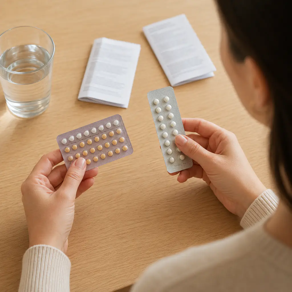 Combined and progestogen-only pill packets compared on a table