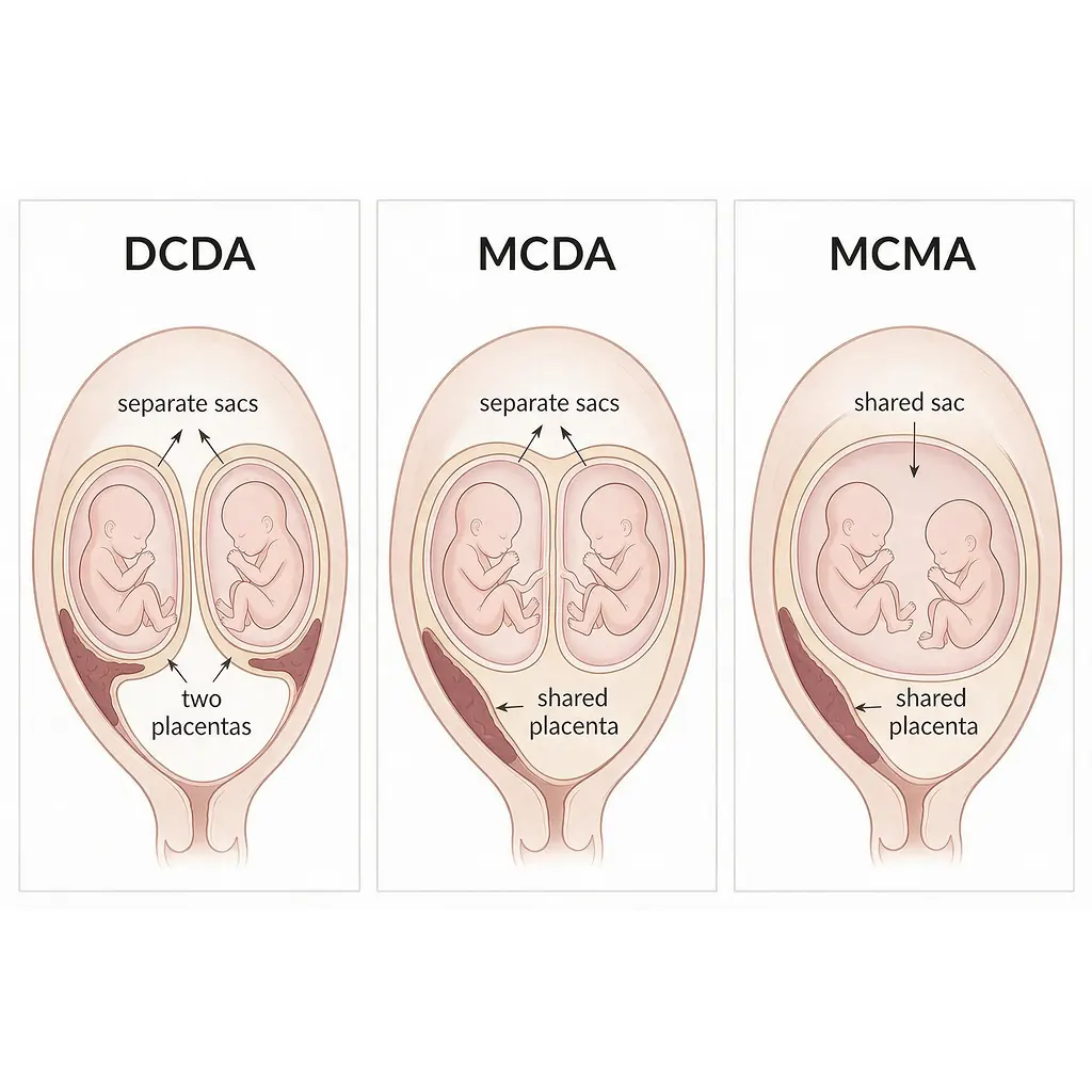 Diagram comparing DCDA, MCDA and MCMA twin pregnancy placenta and amniotic sac arrangements