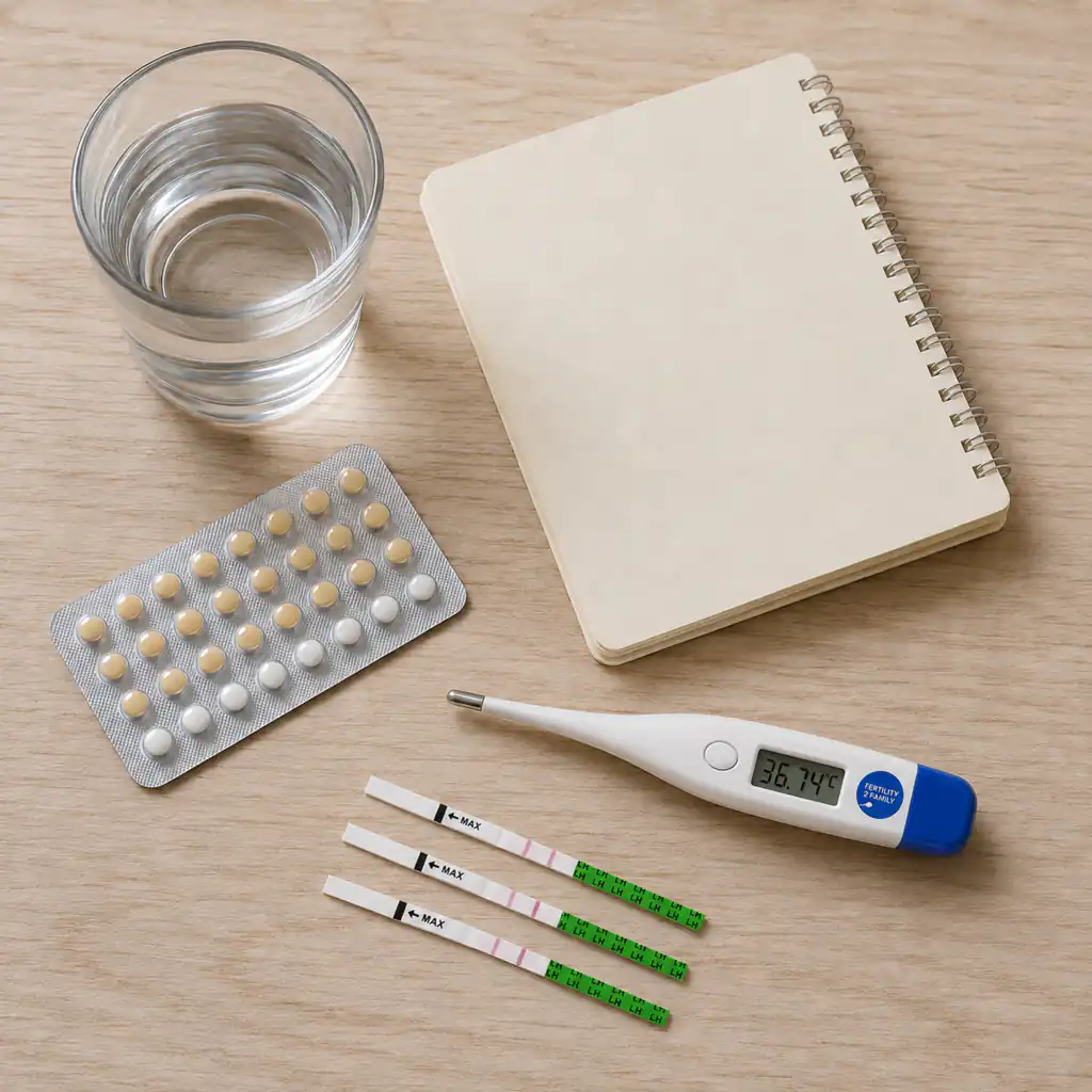 Ovulation test strips and a basal body thermometer beside a contraceptive pill packet
