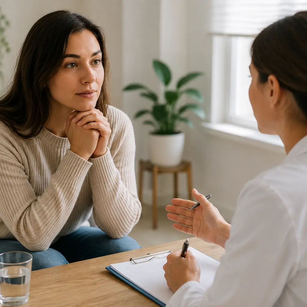 Woman speaking with a clinician during a fertility consultation