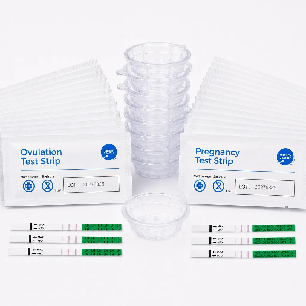 Fertility kit with 50 ovulation tests, 50 pregnancy tests and matching collection cups