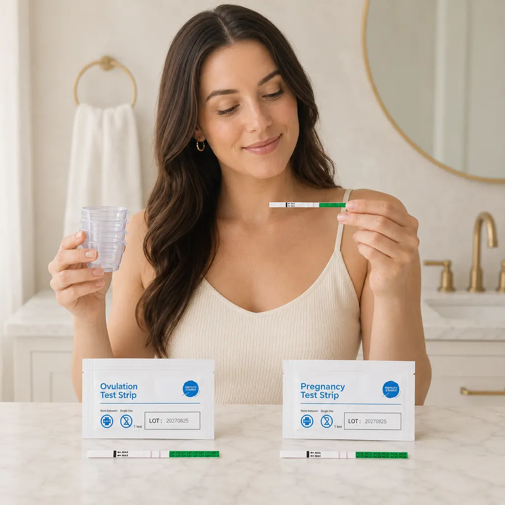Woman using a fertility kit for ovulation, pregnancy and cycle tracking at home