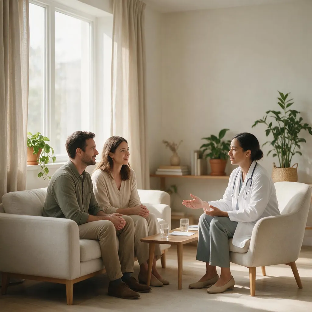 Two adults speak with a woman in a white coat in an illustration for seeking help with infertility.