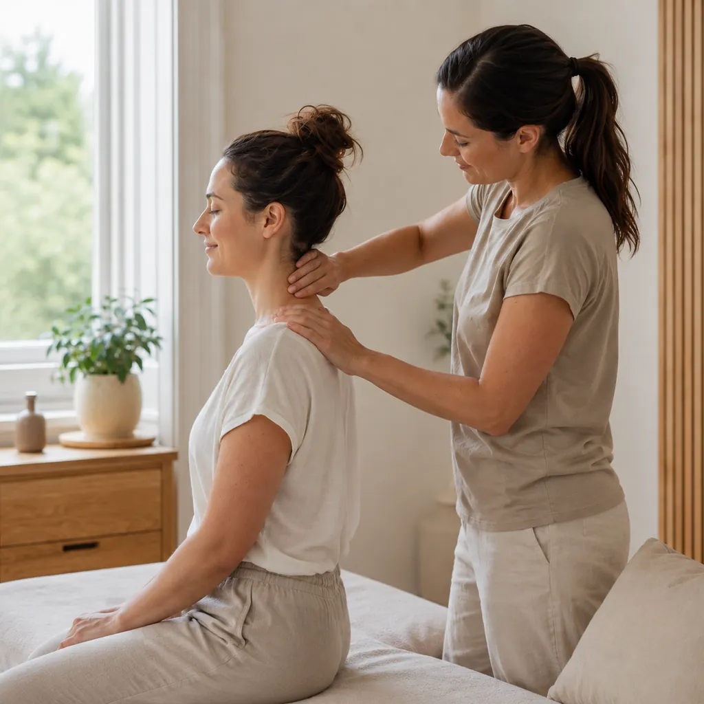 Practitioner providing gentle neck and shoulder massage over clothing during fertility treatment planning.
