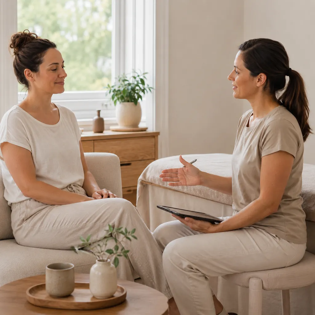 Woman discussing fertility massage safety and expectations with a practitioner before a session.