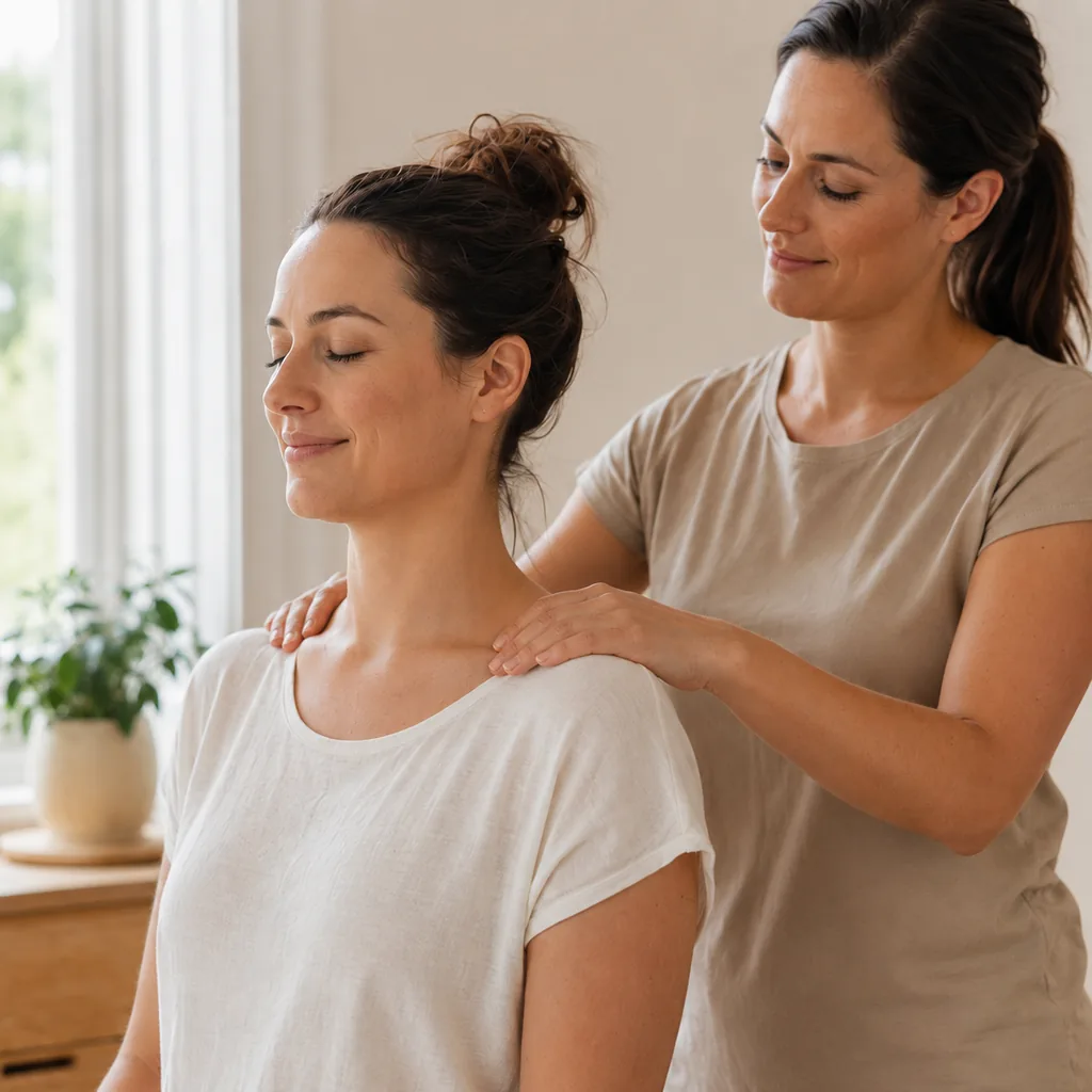 Fertility massage practitioner providing a gentle shoulder massage over clothing for comfort and relaxation.