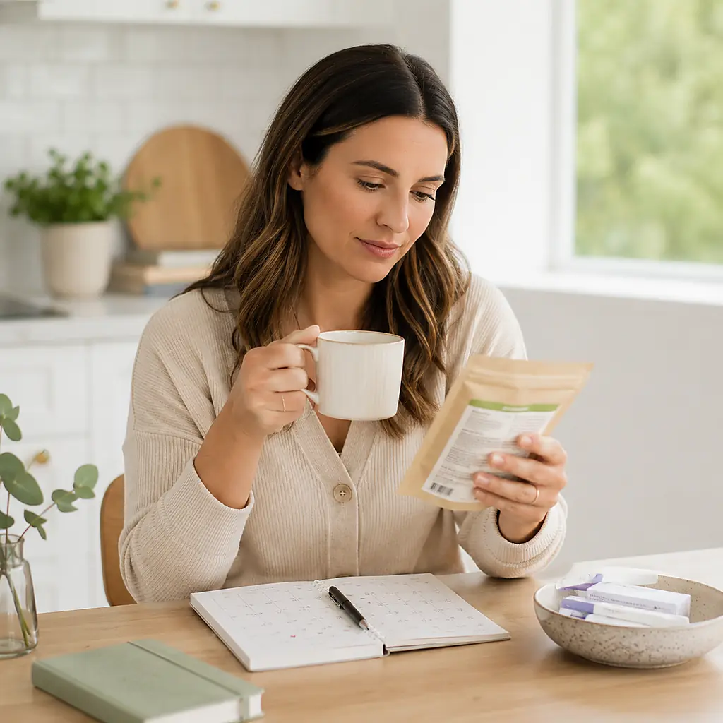 Woman comparing fertility tea with ovulation cycle planning in Australia