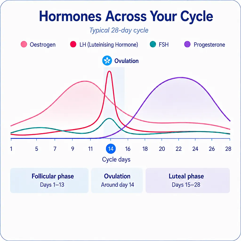 Menstrual cycle hormone chart showing LH surge oestrogen progesterone and ovulation