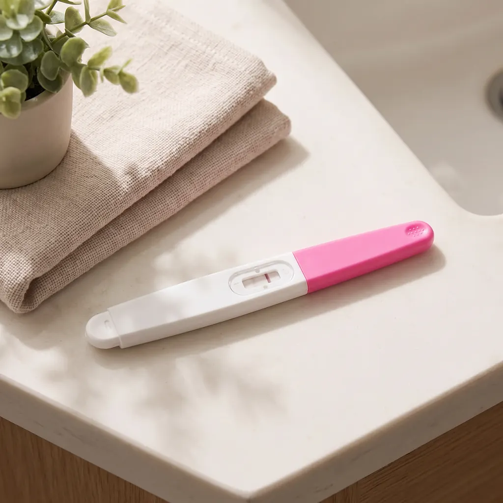 Woman reviewing an ovulation test result alongside cycle-tracking notes at home