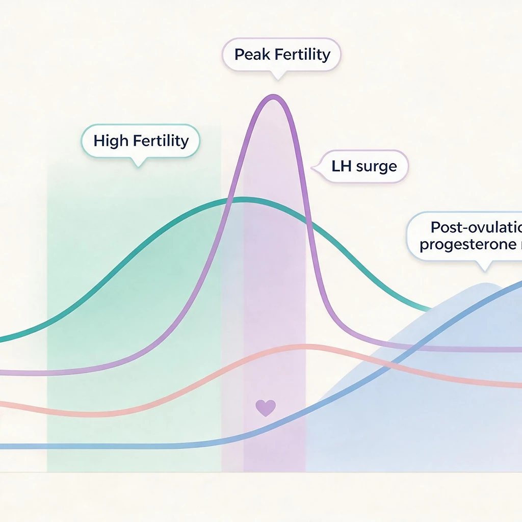 Hormone level graph showing oestrogen, LH and progesterone changes around ovulation and the luteal phase