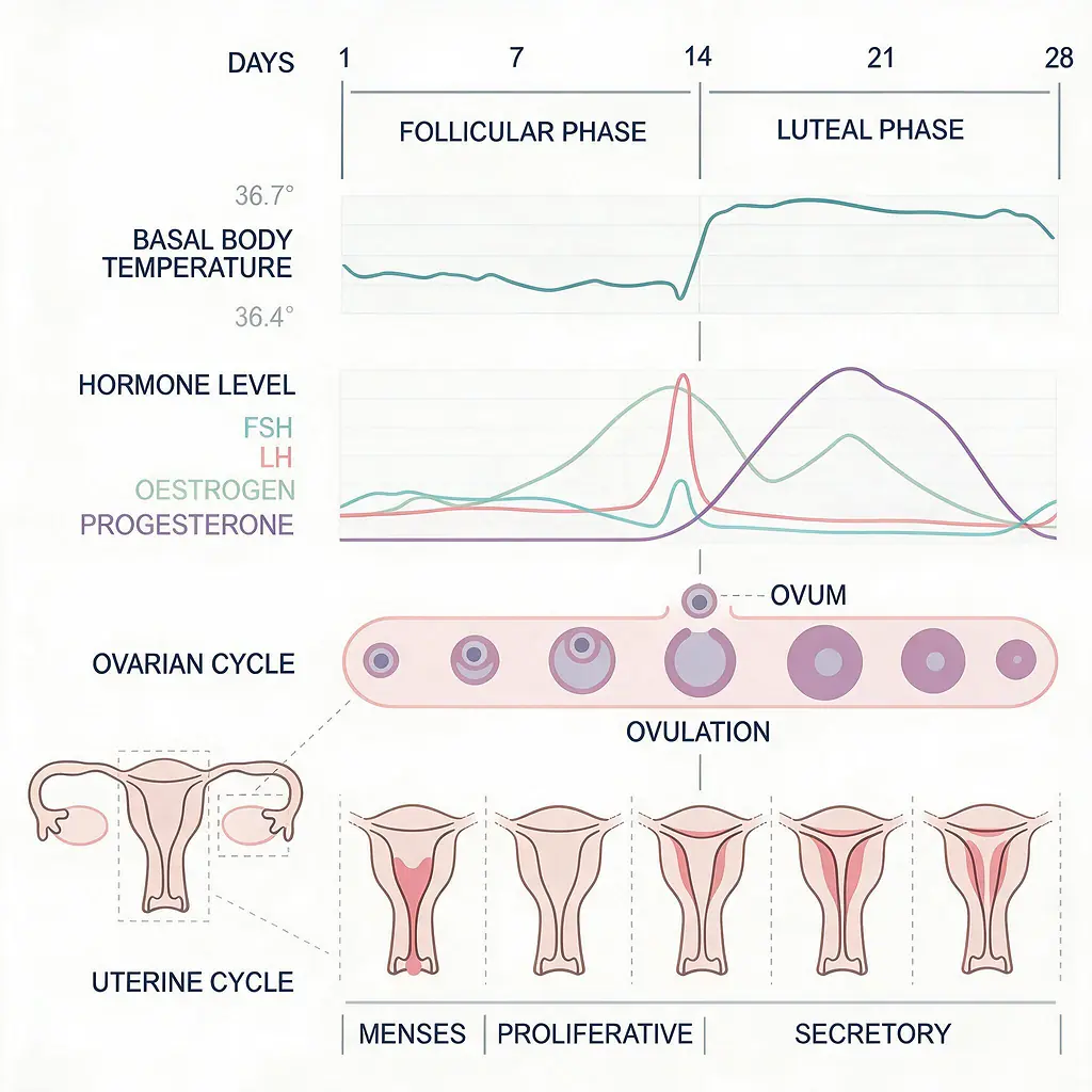 Menstrual cycle chart showing follicular phase, ovulation, luteal phase, basal body temperature and reproductive hormones
