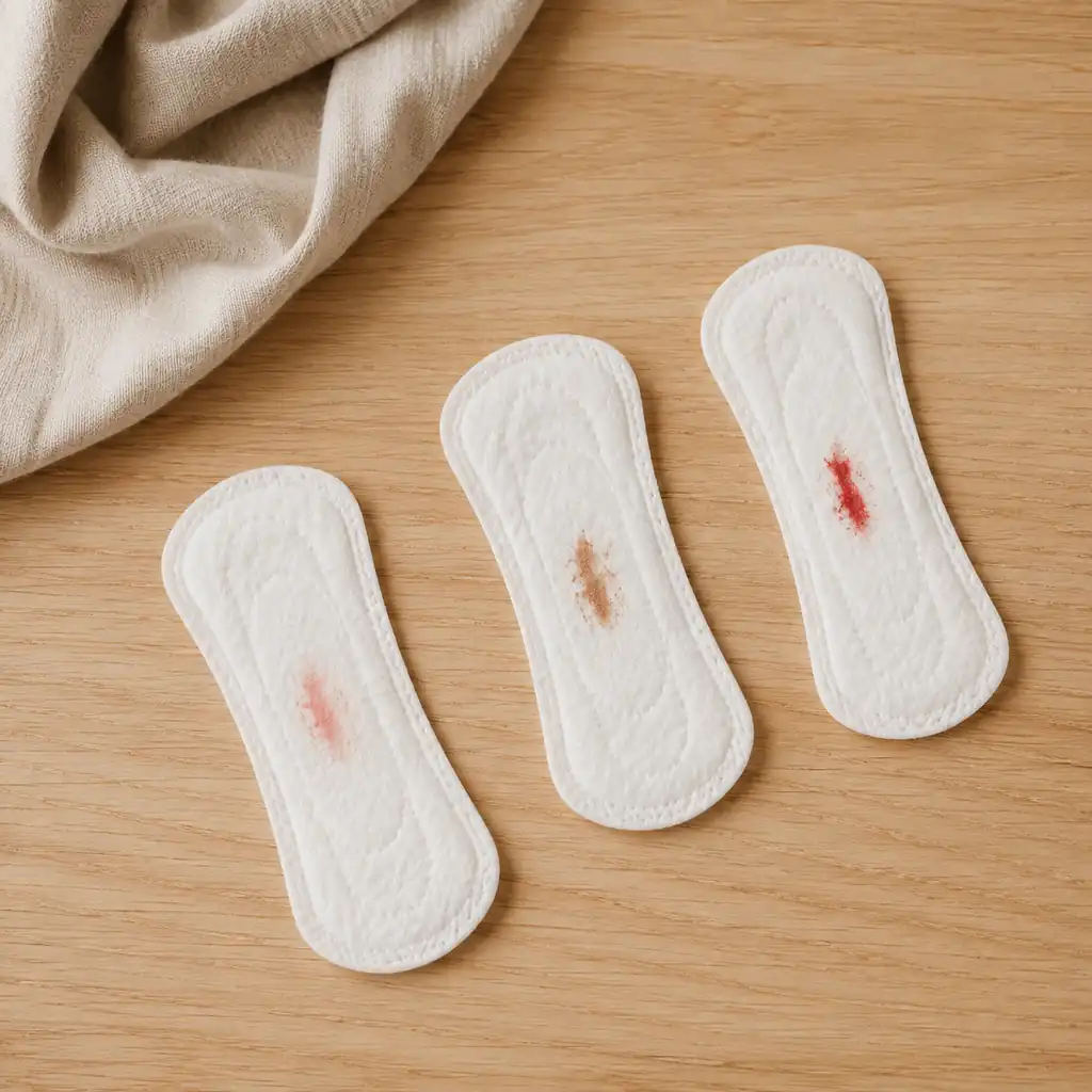 Three white liners showing small light pink, brown and red spotting marks