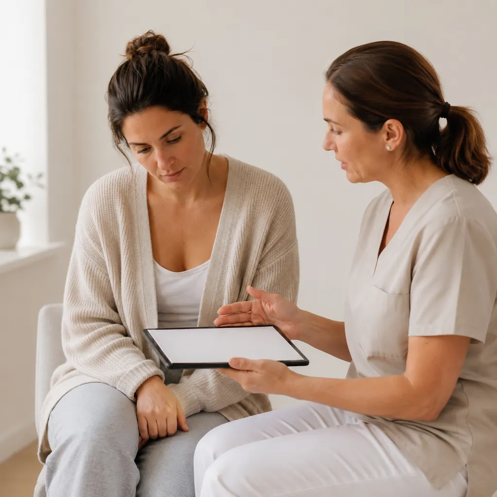 Woman discussing early-pregnancy bleeding assessment with an Australian clinician