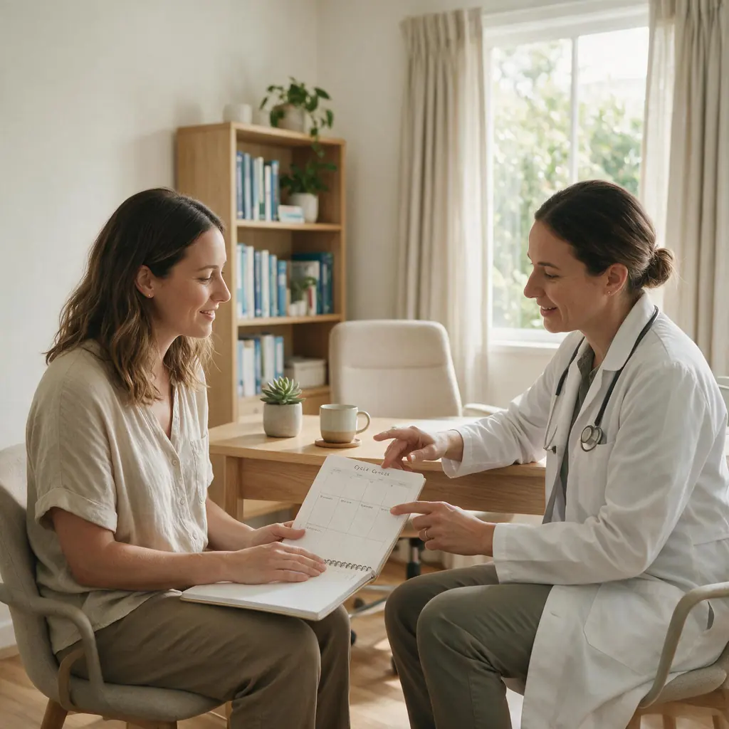Luteal phase length Australia – GP cycle tracking review Australian GP reviewing luteal phase length and menstrual cycle tracking with a patient