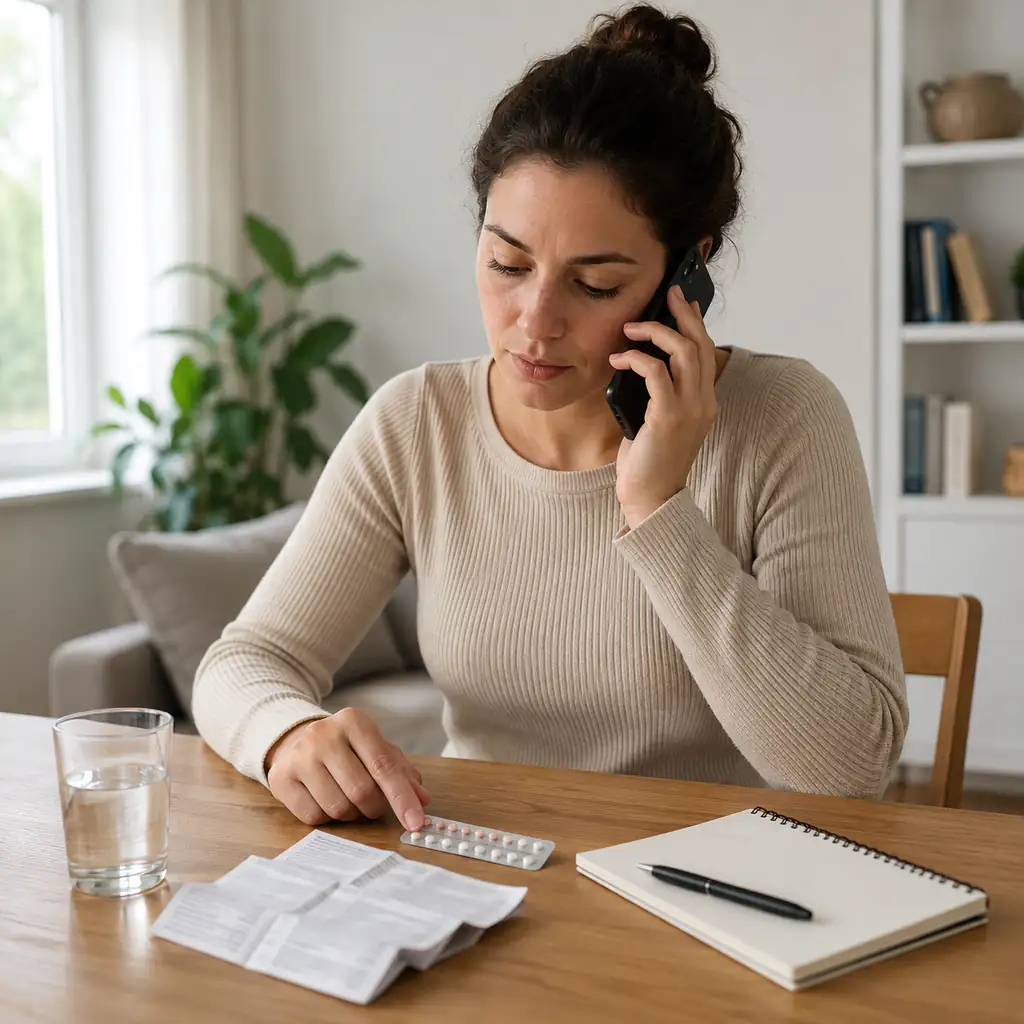 Woman calling a pharmacist after reviewing a contraceptive pill packet
