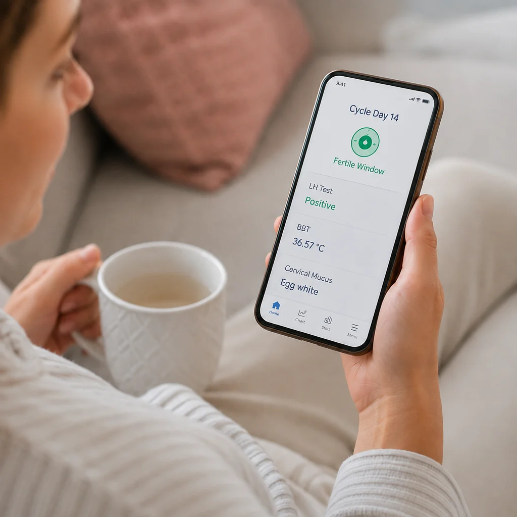 Woman using cycle tracking to review her fertile window and LH test results