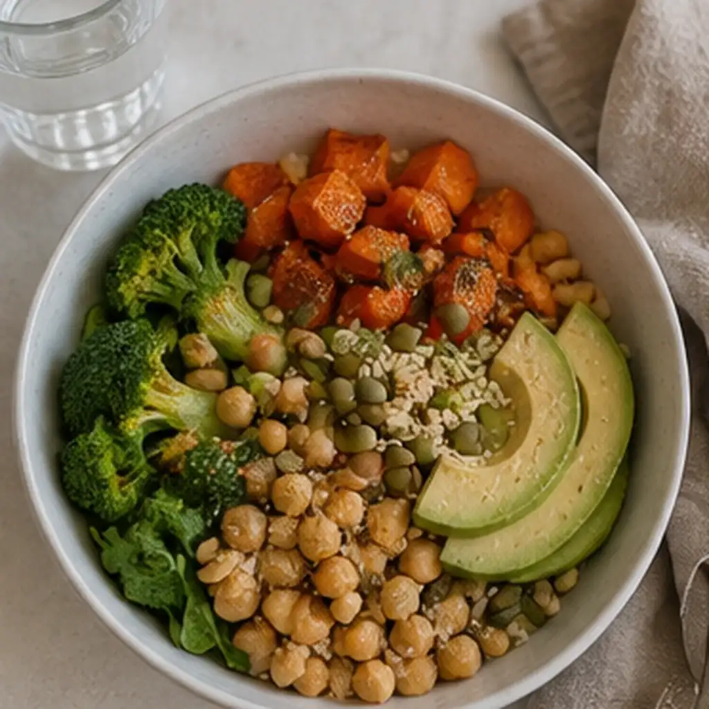 High-fibre PCOS and PMOS meal with chickpeas, vegetables, avocado and seeds in Australia