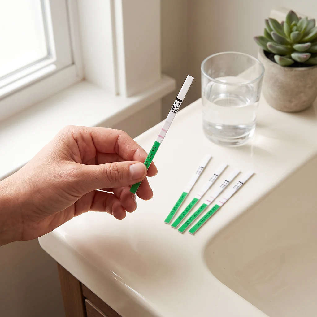 Ovulation test strips used to track the urinary LH surge across the fertile window
