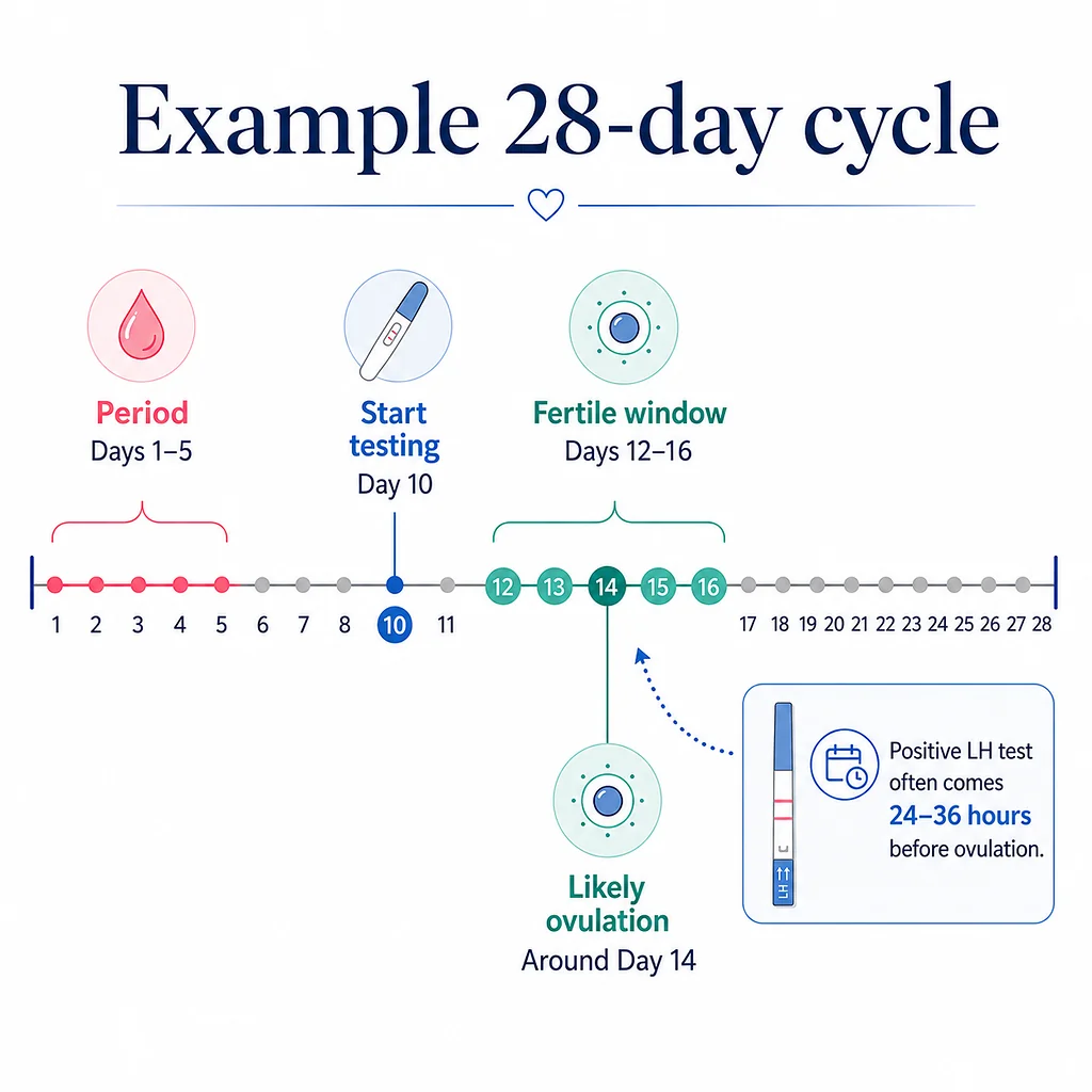 Example 28-day cycle graphic showing period, OPK testing and fertile-window timing