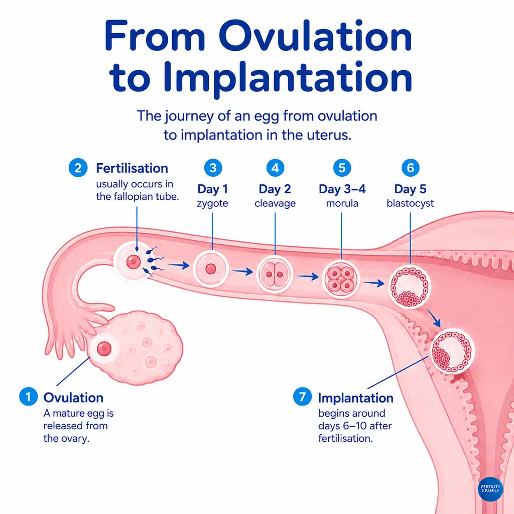 Diagram showing the timeline from ovulation towards implantation after fertilisation