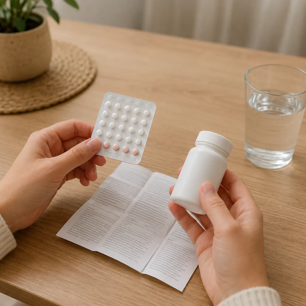 Hands comparing a contraceptive pill packet with another medicine
