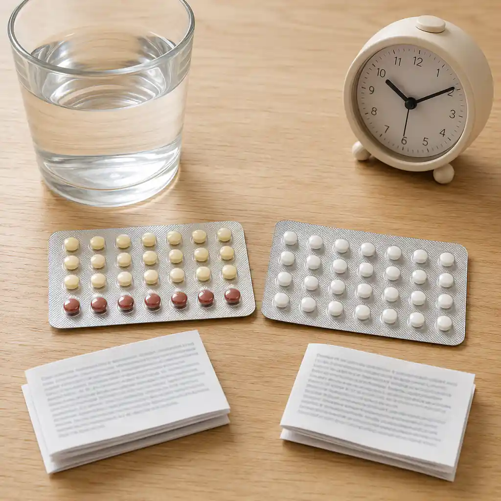 Contraceptive pill packets beside a clock and a glass of water