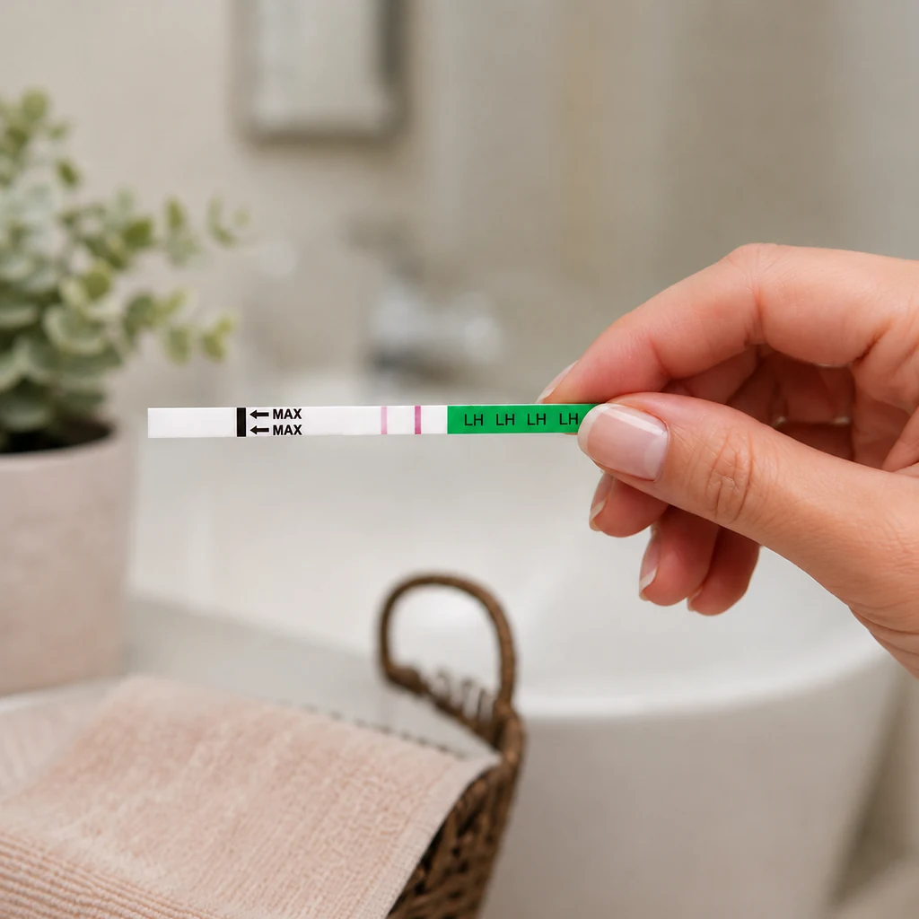 Close-up of a positive green LH ovulation test strip showing two pink lines