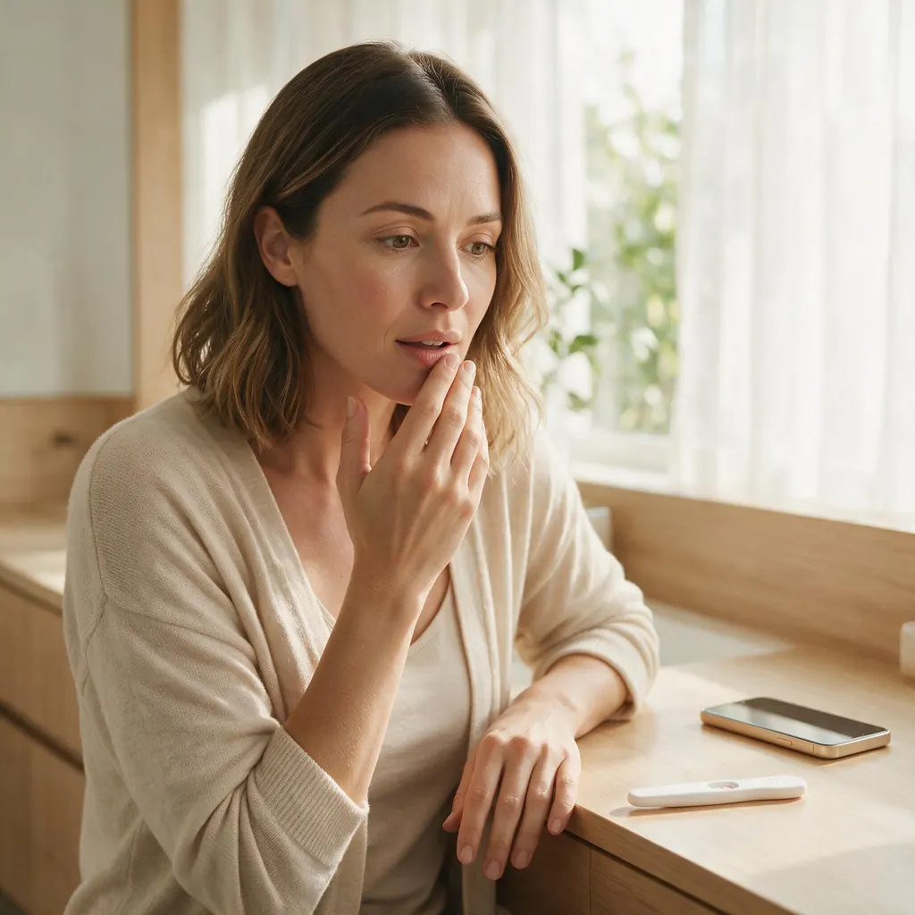 Woman holding a positive pregnancy test after recent dermal filler treatment in Australia