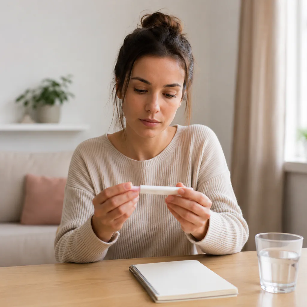 Woman checking a home pregnancy test after a possible pill error