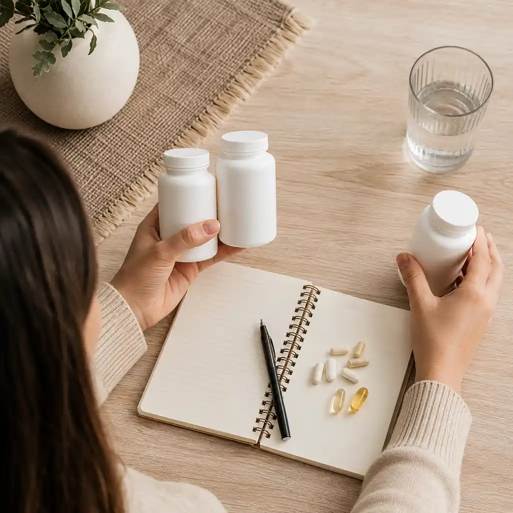 Woman comparing prenatal vitamins and other supplements for duplicate vitamins and minerals
