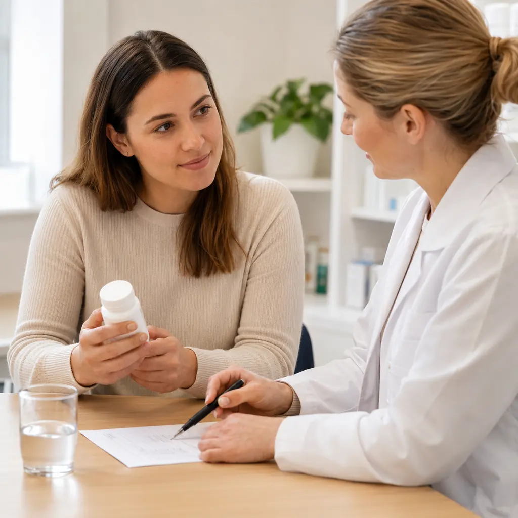 Woman discussing prenatal vitamins and supplements with an Australian health professional