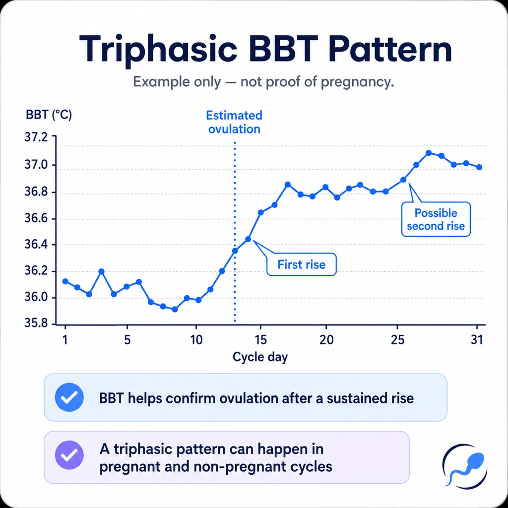 Triphasic BBT chart with an estimated ovulation point, first temperature rise and possible later second rise