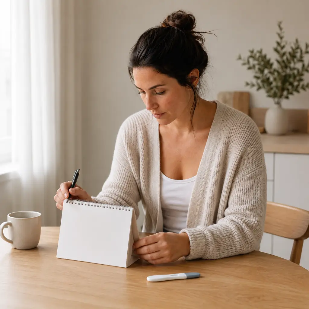 Woman checking pregnancy test timing after spotting using a blank calendar