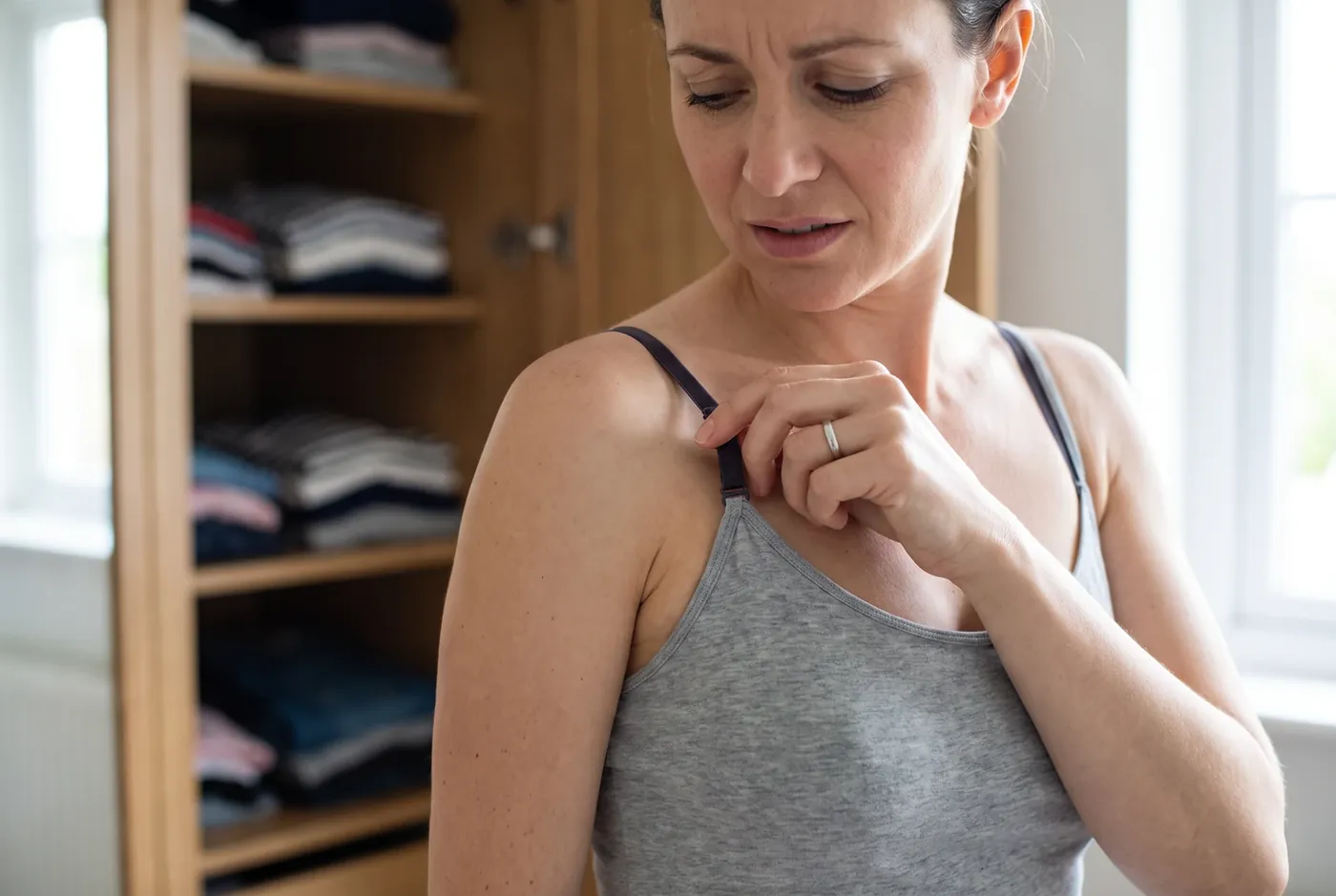 Woman adjusting a camisole strap with a slight wince