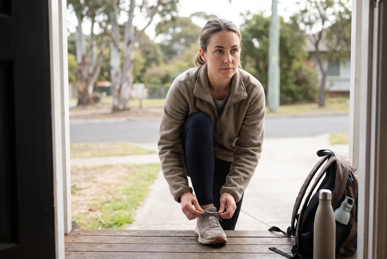 Woman tying her trainers on a doorstep