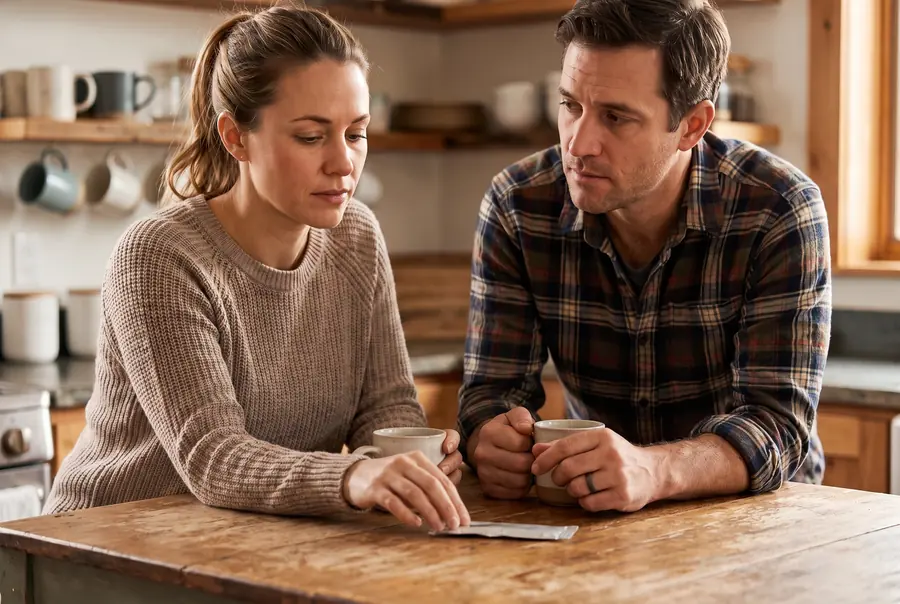 Couple considering a small sealed test pouch at a table